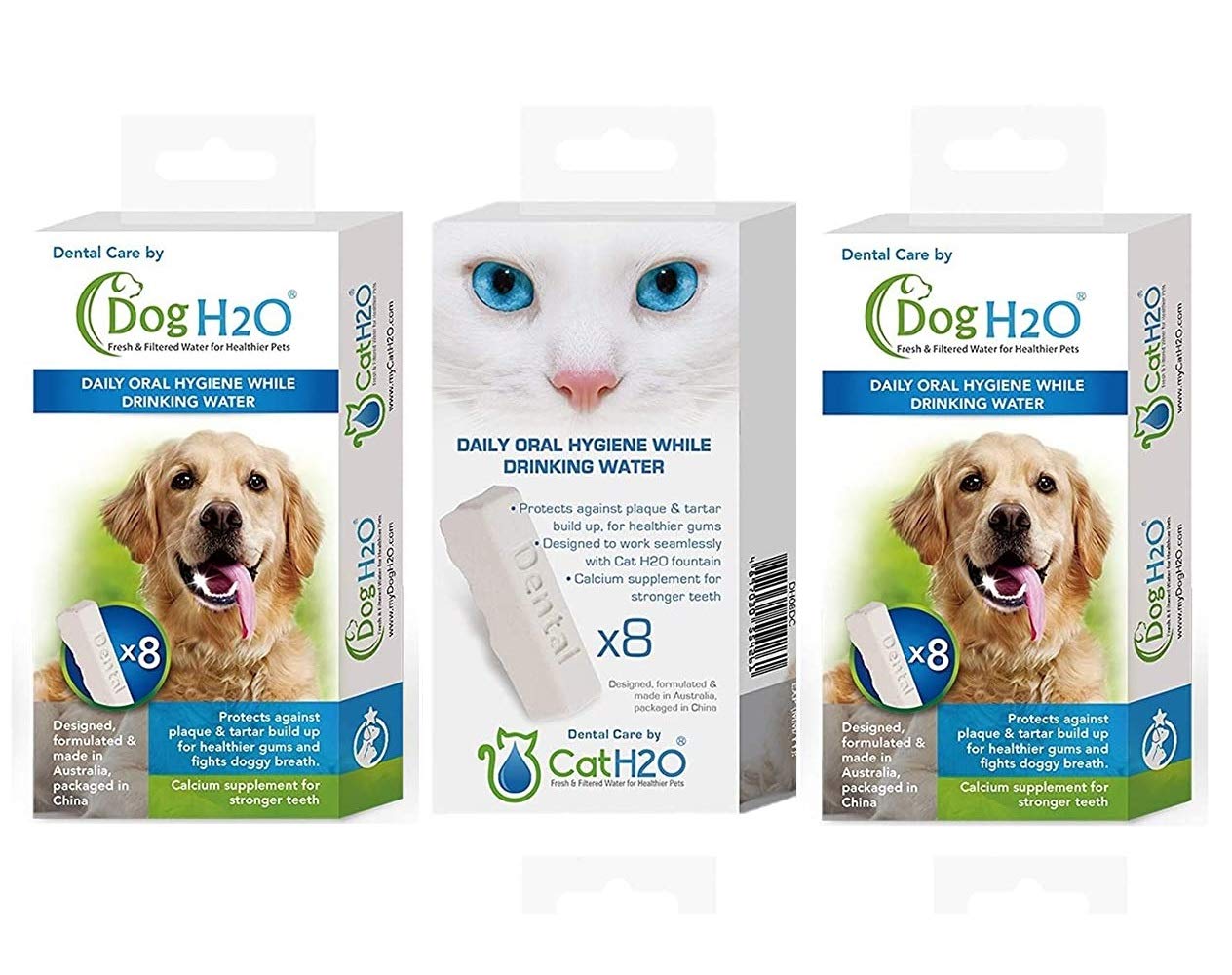 Dog H2O and Cat H2O Bundle, je 8 Stück, Mundhygiene-Trinkwasser-Zusatzstoff (je 3 Boxen)