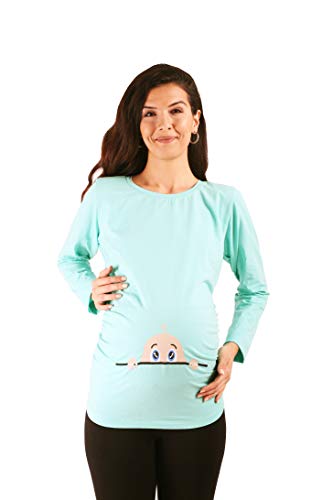 Neugieriges Baby - Lustige witzige süße Umstandsmode Umstandsshirt mit Motiv für die Schwangerschaft Schwangerschaftsshirt, Langarm (Mint, Medium)