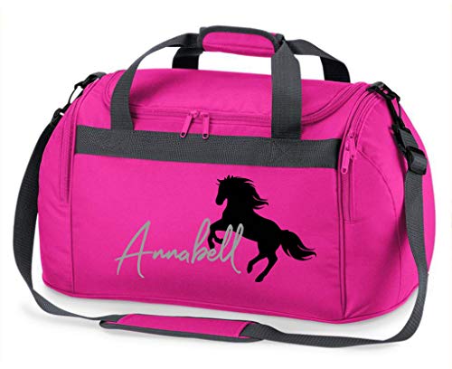 Reittasche mit Namensdruck personalisiert | Motiv aufsteigendes Pferd mit Name | Trage- und Sporttasche für Mädchen zum Reiten in vielen Farben verfügbar (pink)