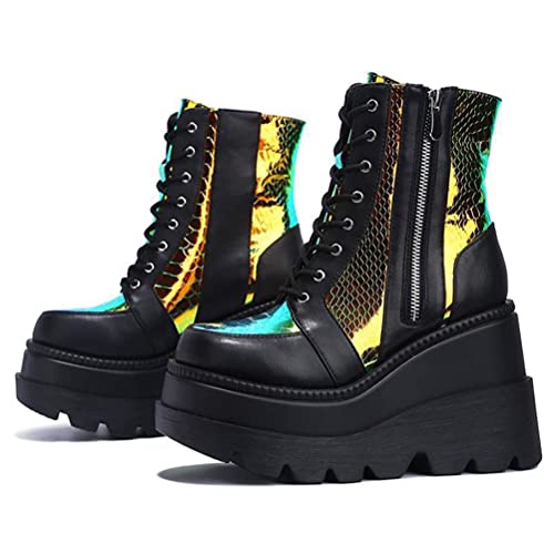 Plateau Stiefel für Frauen Chunky Wedge Heel Round Toe Spring Autumn Non-slip Combat Boots Schnüren Reißverschluss High Heel Dicke Stiefeletten