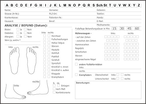 250 Karteikarten für Fußpflege Pediküre mit Analyse, Kundenkarten KK03, KEINE KLAPPKARTEN