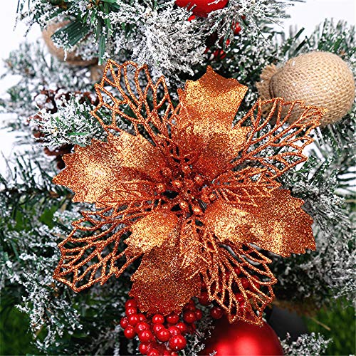GLITZFAS 12 Stück Glitter Weihnachtsbaum Dekoration, Weihnachtsbaumschmuck Ornament Weihnachten Blumen Dekor, Christbaumanhänger (Orange,24 cm)