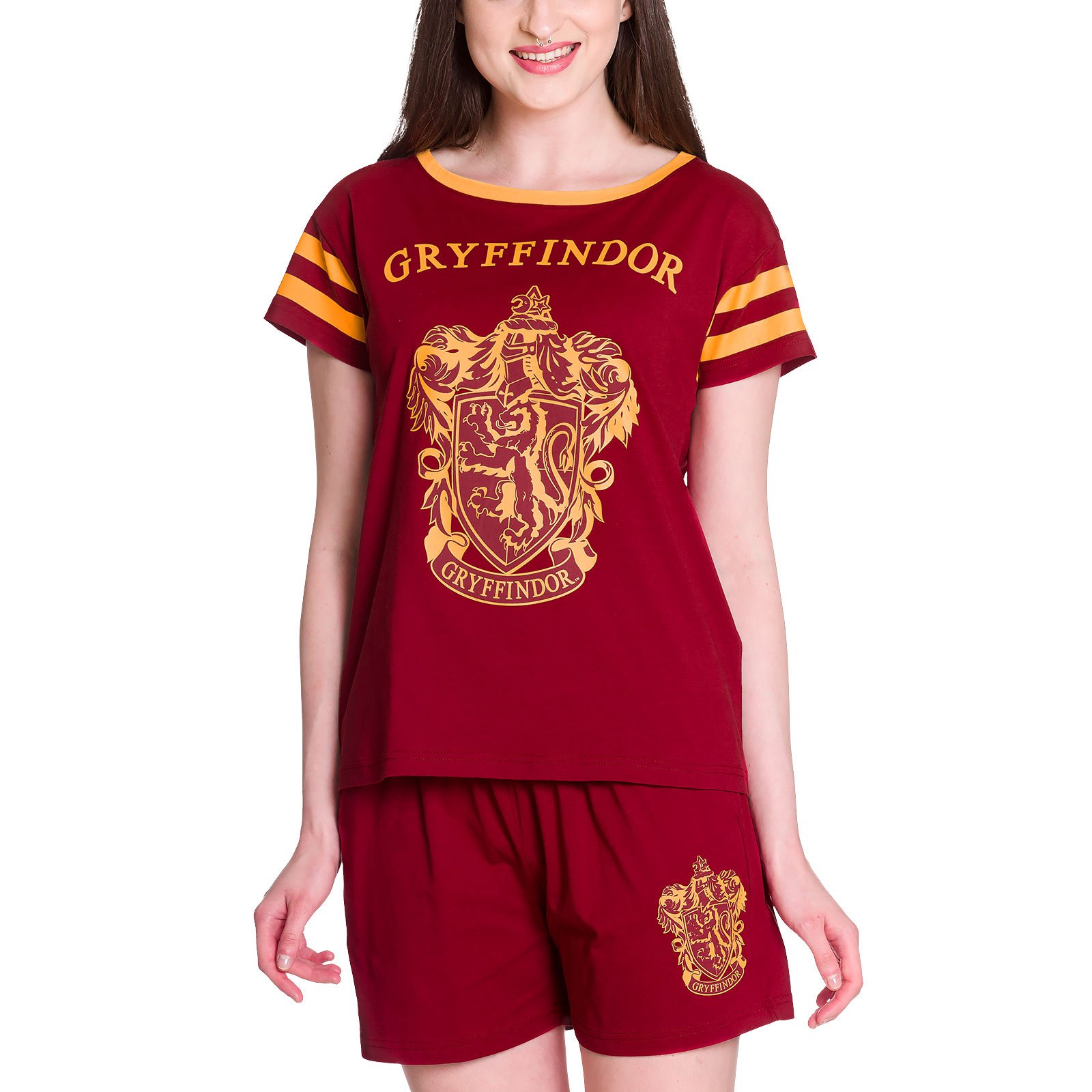 Elbenwald Harry Potter Pyjama Hogwarts Häuserwappen Gryffindor Frontprint 2teilig für Damen kurz rot - XS