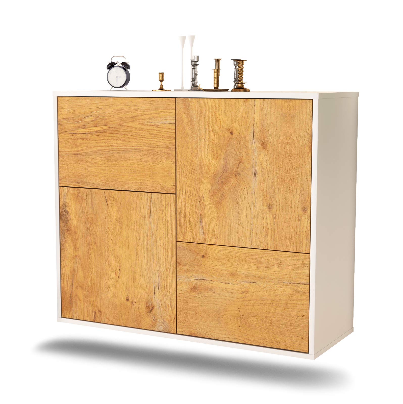 Dekati Sideboard Fremont hängend (92x77x35cm) Korpus Weiss matt - Front Holz-Design Eiche - Push to Open