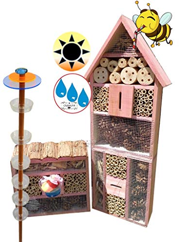 Gartendeko-Stecker mit Lichteffekt, Sonnenfänger als funktionale Bienentränke + 2X Lotus BIENENHAUS Insektenhaus,XXL Bienenstock & Bienenfutterstation für Wildbienen, Schmetterlinge Style PINK