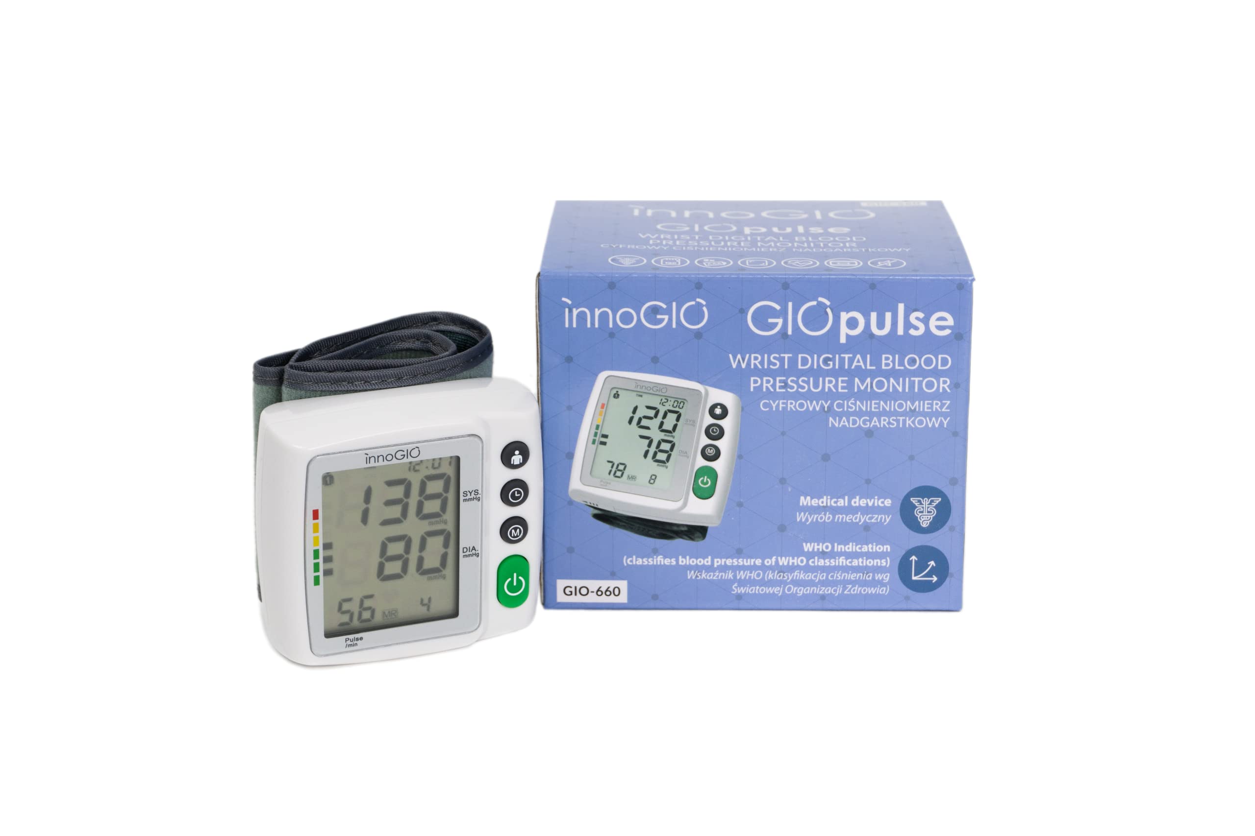 InnoGIO GIOpulse, Automatisches, Digitales Blutdruckmessgerät fürs Handgelenk mit Manschette, Messgerät für den Arteriellen Blutdruck, Herzfrequenz- & Arrhythmie-Erkennung