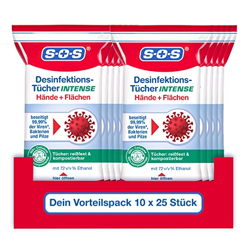 SOS Desinfektionstücher INTENSE für Hände + Flächen | biologisch abbaubar | beseitigen 99,99% der Bakterien, Pilze und Viren* (z.B. Herpes- Grippe- und Noroviren) | 10x25