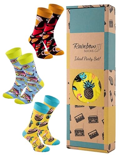 Rainbow Socks - Damen Herren Lustige Party Socken Box Geschenk - 3 Paar - Flamingo Grill Disco - Größen 36-40