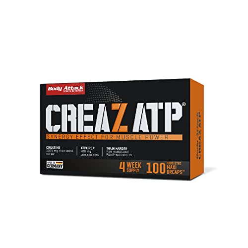Body Attack CREAZ ATP®, 100 Kapseln / 33 Tagesportionen - Made in Germany - 100% wasserfreies Kreatin, hochdosierte vegane Maxi-Caps, Adenosintriphosphat für Kraftzuwachs-Steigerung, aspartamfrei