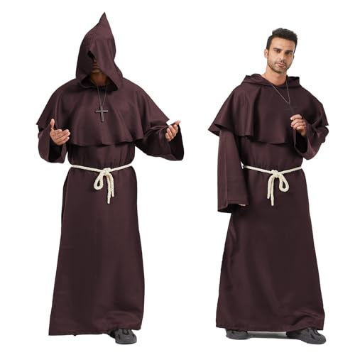 Priester Kostüm Mittelalterliche Renaissance Robe Kostüm Mönch mit Kapuze und Kordel,Kostüm Mönch(Braun,XXL)