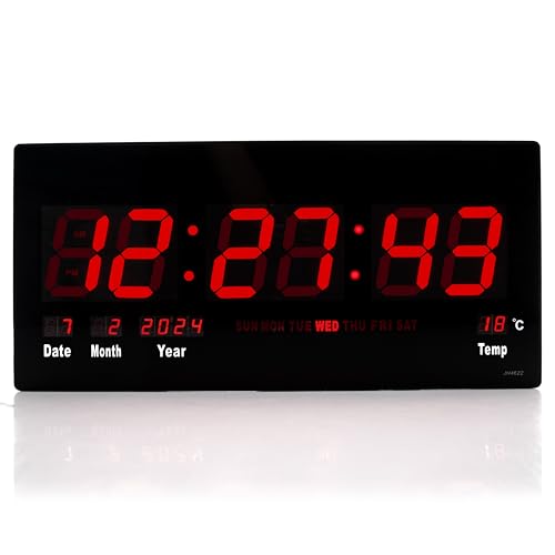 TruWare Just Camp Wanduhr Digital Groß LED Uhr mit Kalender Temperaturanzeige Studiouhr für Gewerbe Cafes Kiosk Hallen Digitaluhr XXL (Rot)