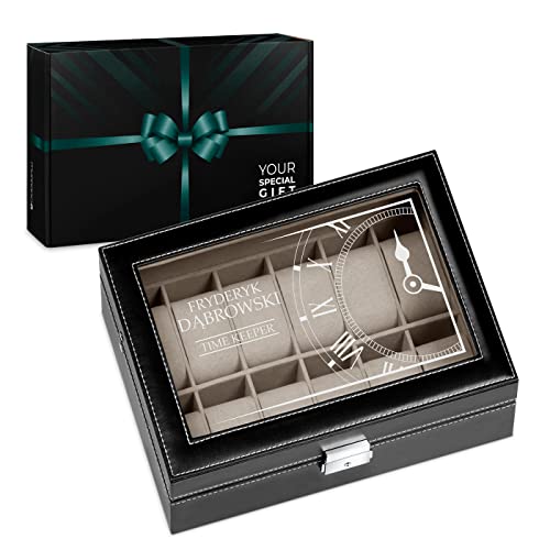 Murrano Uhrenbox mit Gravur für 12 Uhren - 30x20x8cm - Uhrenkasten aus Kunstleder - Schwarz - Geschenk für Männer - Time Keeper