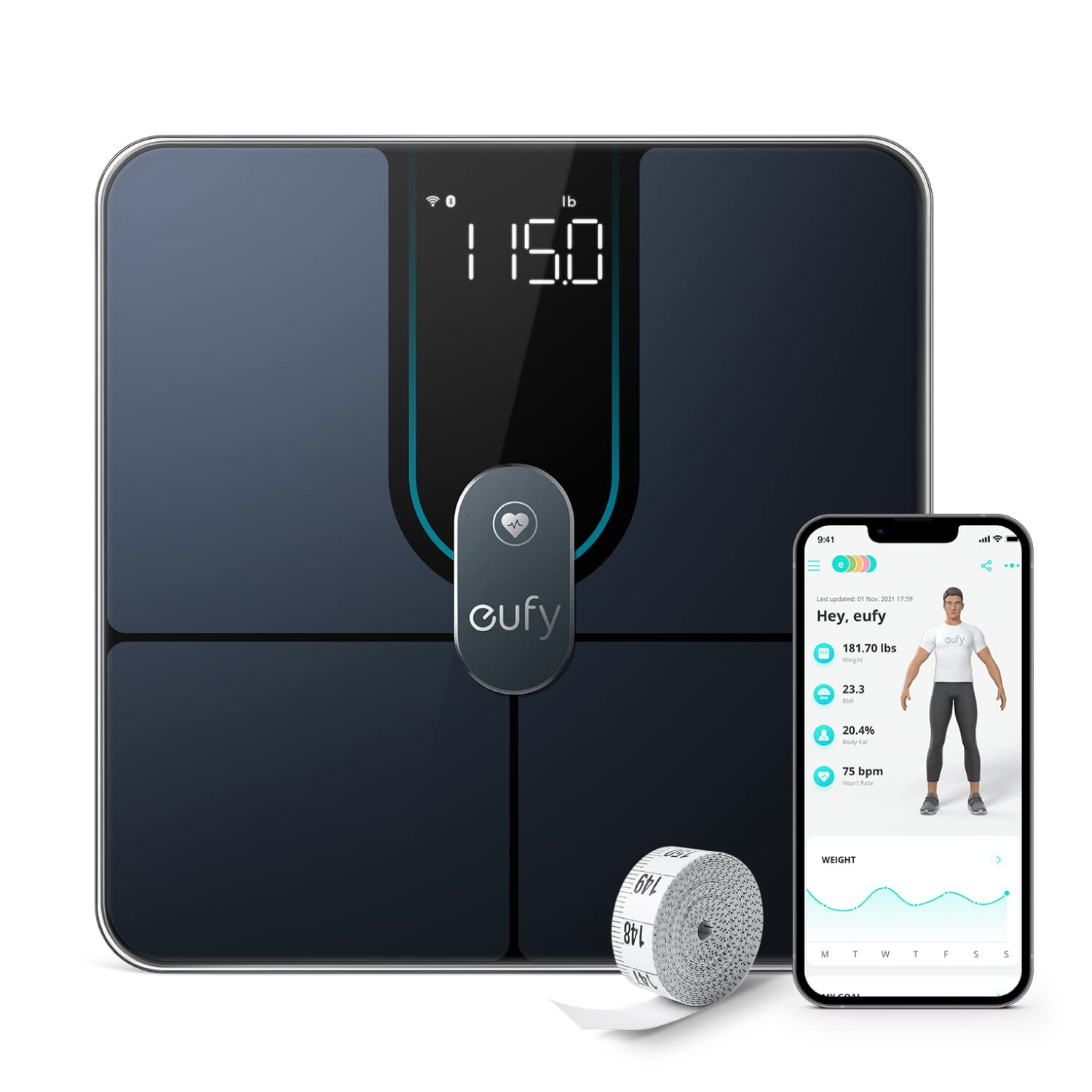 eufy Personenwaage, Smart Scale P2 Pro, Digitale Körperfettwaage WLAN/Bluetooth, 16 Messwerte inkl. Gewicht, Herzfrequenz, Körperfett, BMI, Muskel-/Knochenmasse (Schwarz)