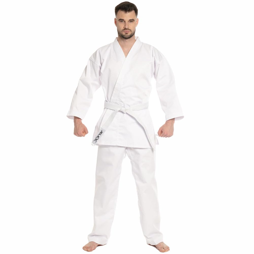 JELEX Kihaku Karateanzug Set aus Hose, Oberteil und Gürtel für Erwachsene und Kinder. Für Karate, Judo und andere Kampfsportarten. Für Einsteiger und Profis (190, Erwachsene weiß)
