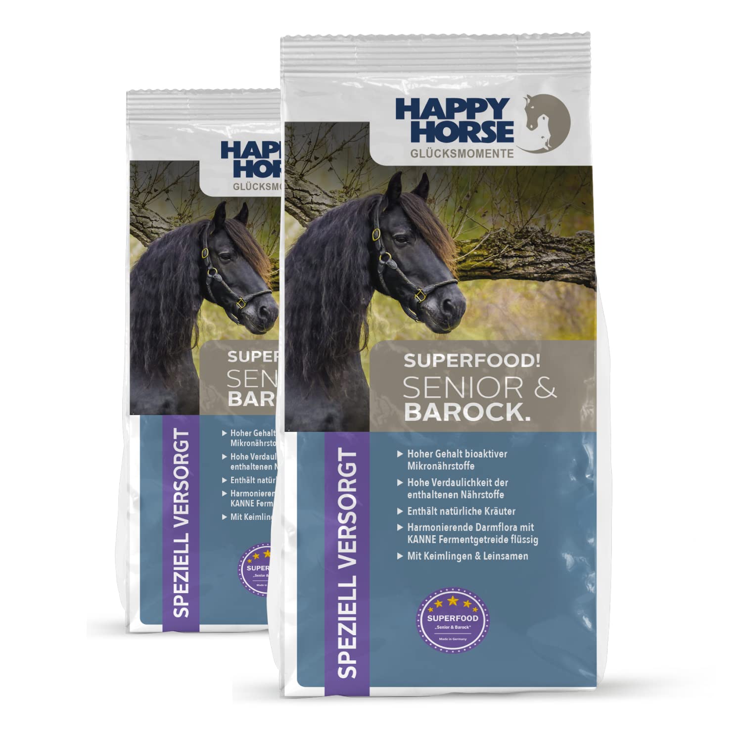 HAPPY HORSE Superfood Senior & Barock Pferdefutter 2 x 14kg| ausgewogenen Inhaltsstoffe | natürlichen Kräuter | Leinsamen | bioaktive Mikronährstoffe |