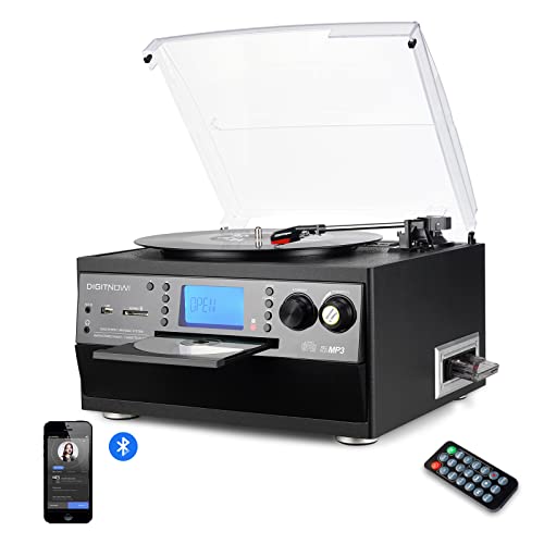 DIGITNOW Bluetooth Plattenspieler mit Stereo Lautsprecher, LP Vinyl zu MP3 Konverter, 3 Geschwindigkeit Schallplattenspieler mit CD Spielen, Radio Empfang und Fernbedienung Funktion