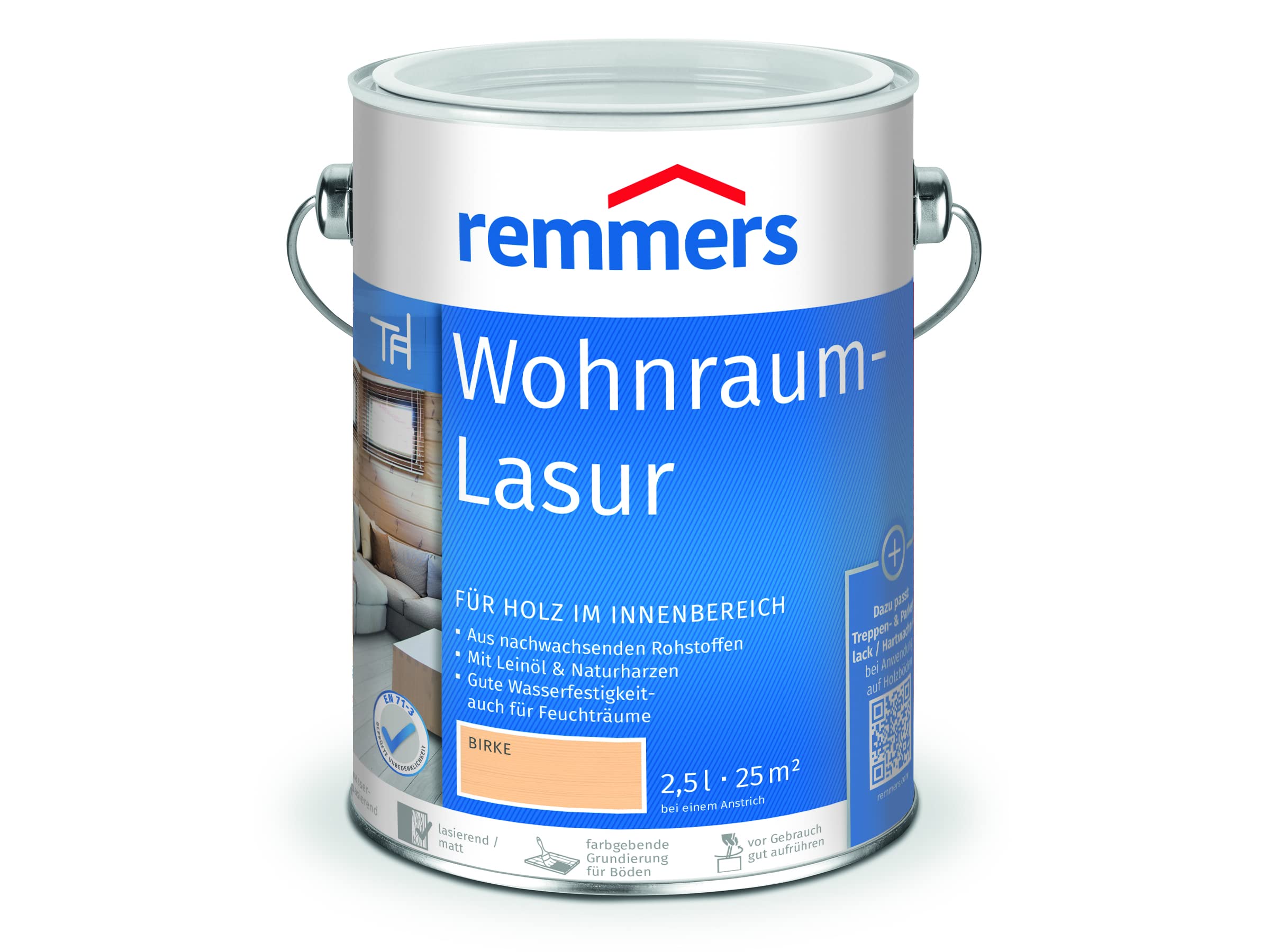 Remmers Wohnraum-Lasur birke, 2,5 Liter, Holzlasur innen, für Möbel, Böden, Innentüren und Treppen geeignet, mit Abperleffekt