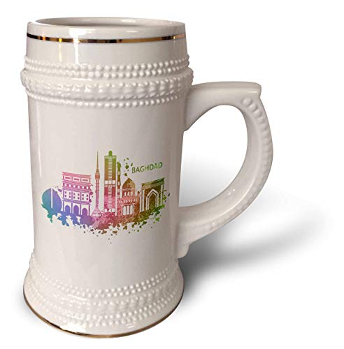 3dRose Bunte Aquarellkunst mit Skyline von Baghdad Irak – Stein-Tasse, 510 ml, 624 ml, Weiß