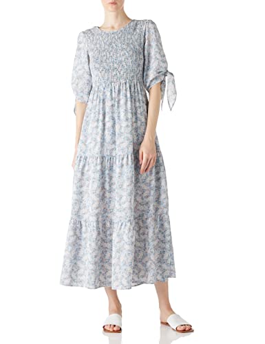 Amazon Brand find. Damen-Sommerkleid mit eleganten halben Ärmeln zum selbstbinden, Blumenmuster, Maxikleider, Blau, Größe S