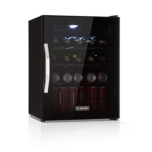 Klarstein Beersafe - Minibar, Mini-Kühlschrank, Getränkekühlschrank, leise, 42 dB, Edelstahl, Flaschenkühlschrank mit Glastür, 5-stufiger Temperaturregler, Bierkühlschrank 60 Liter, schwarz