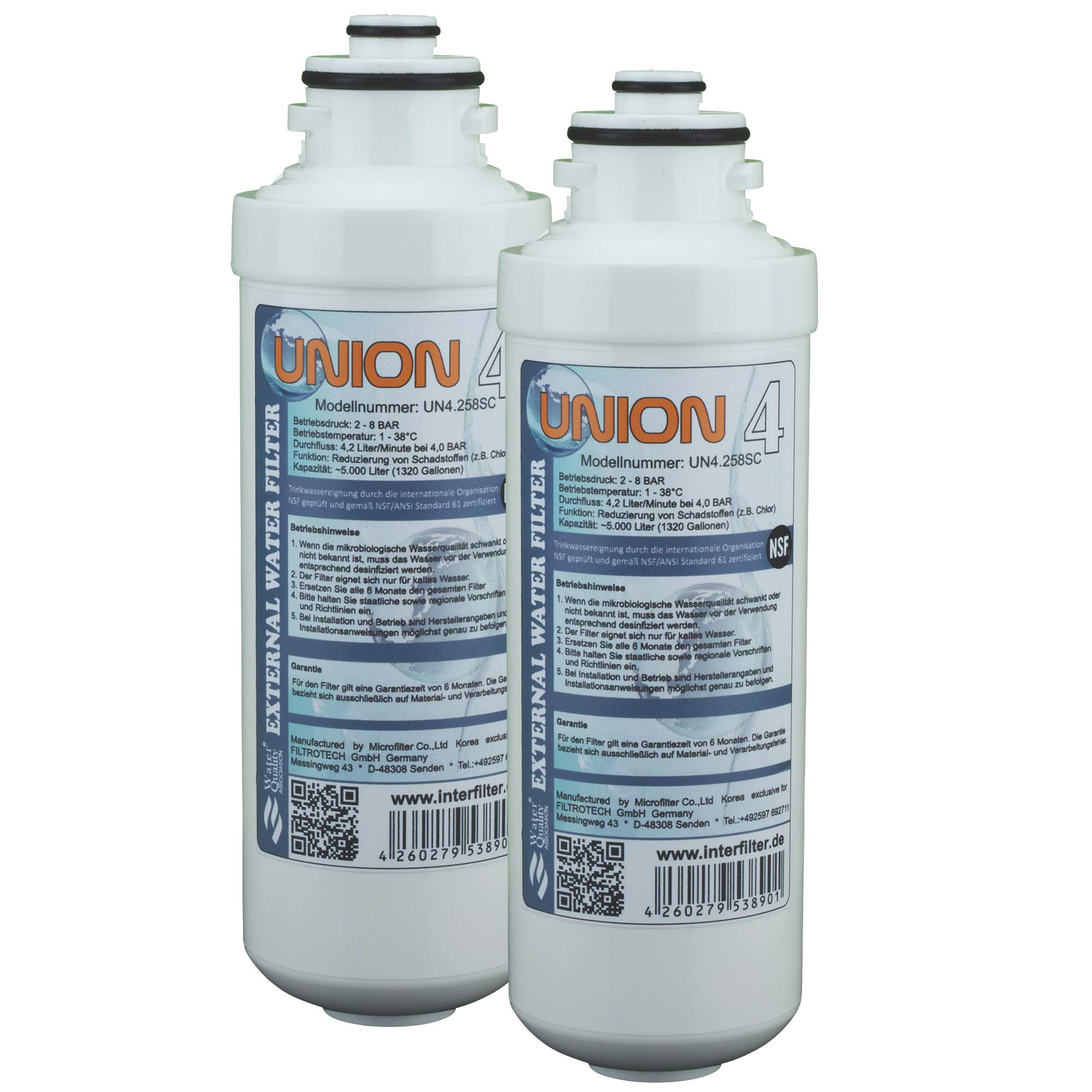 Ersatzkartusche für Wasserfilter "Union 4" Externer Kühlschrankfilter für SbS Kühlschrank. Filter Pack ohne Kopf (2-er Pack)