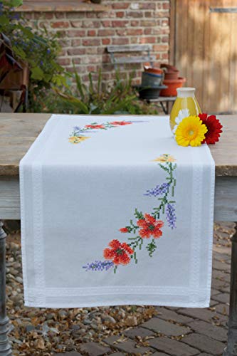 Vervaco PN-0166929 Blumen und Lavendel Bedruckter Tischläufer Stickset, Baumwolle, mehrfarbig, ca. 40 x 100 cm / 16" x 40"