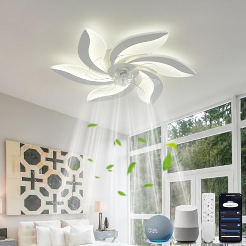 Deckenlampe mit Ventilator, Smart Deckenventilator mit Beleuchtung und Fernbedienung Leise WiFi, Kompatibel mit Alexa Google Home, Dimmbar, DC Motor, Sommer Winterbetrieb, für Schlafzimmer, Weiß