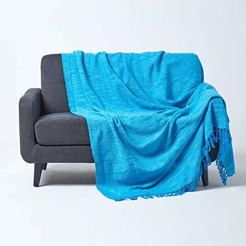Homescapes Tagesdecke Nirvana, blau, Wohndecke/Sofaüberwurf aus 100% Baumwolle, 150 x 200 cm, Knoten-Optik mit Fransen, hellblau