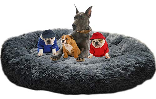 LINRUI Waschbar & Orthopädisches Hundekissen XXL Hundebett Flauschiges für Extra große Grosse Mittlere Hunde Antistress Donut Hundesofa Oval Hoch Hundehöhle XL Rund Kuschelig Memory Foam Dunkelgrau