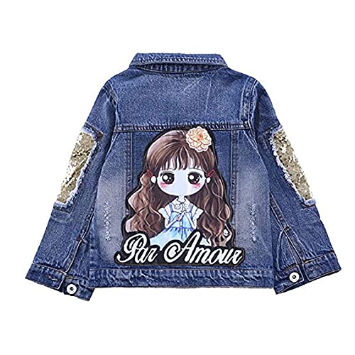 SXSHUN Mädchen Mode Jeansjacke Mit Muster Denim Jacke Übergangsjacke, Kleine Mädchen, 116 (Etikettengröße:120)