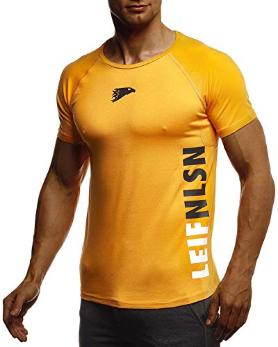Leif Nelson Gym Herren Fitness T-Shirt Slim Fit Moderner Männer Bodybuilder Trainingsshirt Kurzarm Top Herren Sport T-Shirt - Bekleidung für Bodybuilding Training LN06279 Orange-Schwarz Small