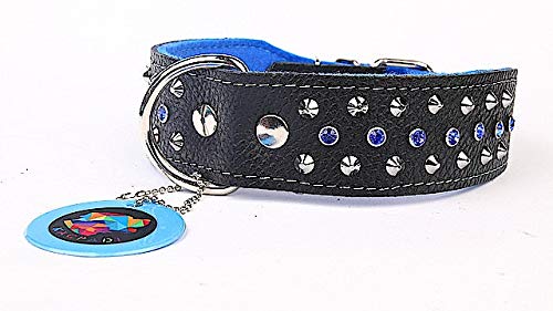 Capadi K0463 Hundehalsband verziert mit farbigen Christallsteinen und kleinen Nieten aus echtem strapazierfähiges Leder weich unterlegt, Blau, Breite 50 mm, Länge 50 cm