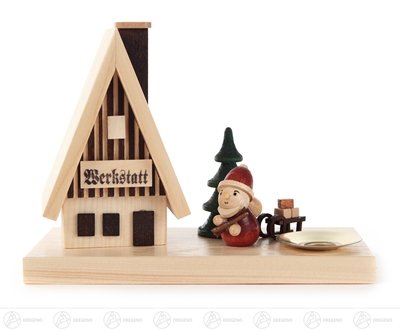 Räuchermann Räucherhaus Werkstatt mit Weihnachtsmann und Kerzenhalter für Kerze d=14mm Breite x Höhe x Tiefe 15 cmx11 cmx7,5 cm NEU Erzgebirge Rauchmann Räucherfigur