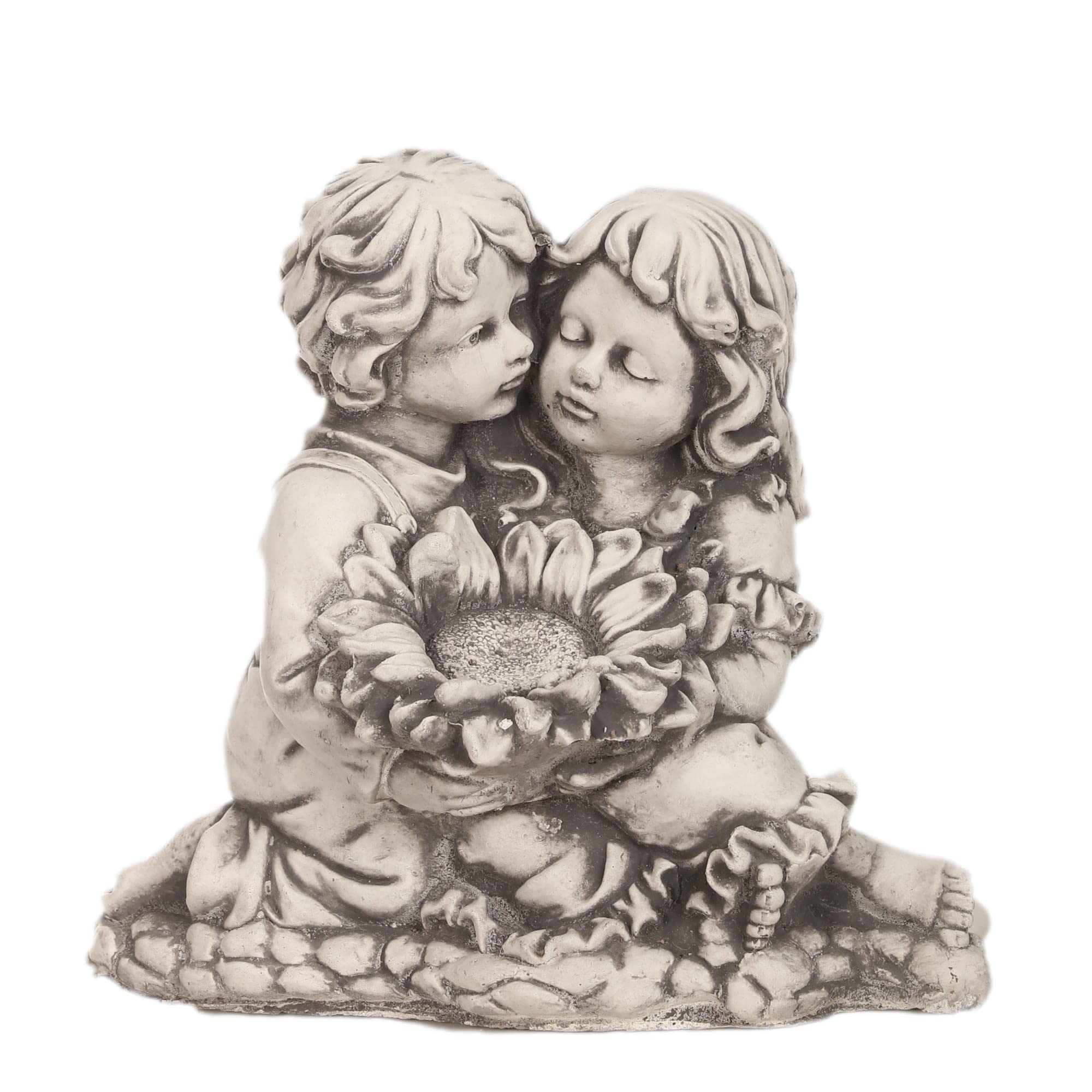 ANTYKI24 Zarte Kinderfigur mit Sonnenblume – Beton-Skulptur für den Garten, Harmonisches Kunstwerk