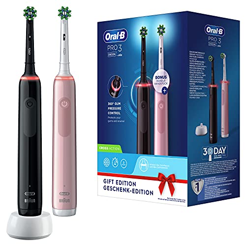 Oral-B Pro 3 3900 Doppelpack Elektrische Zahnbürsten/Electric Toothbrushes mit visueller 360° Andruckkontrolle für extra Zahnfleischschutz, 3 Putzmodi inkl. Sensitiv, Timer, schwarz/pink