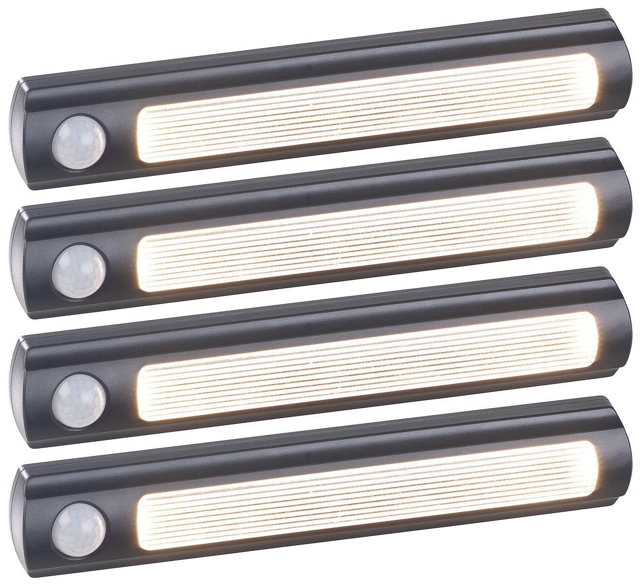Luminea LED Leisten zum Kleben: 4er-Set Batterie-LED-Schrankleuchten, PIR- & Lichtsensor, 0,6W, 3000 K (Schrankleuchten zum Kleben, LED Schrankleuchte mit Sensor, Kabellose Lampen)