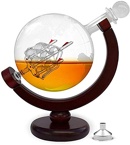 FORYOU24 Whiskykaraffe im Globus Design - Weltkugel Dekanter aus Glas mit Segelschiff Dekor - Scotch Decanter - Geschenk für Männer - 850ml - Hergestellt in Handarbeit