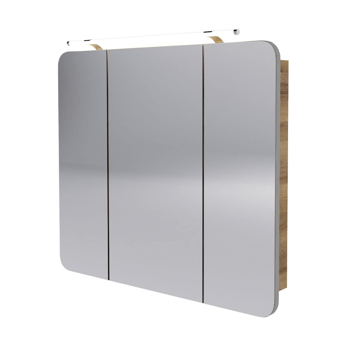 FACKELMANN Milano Spiegelschrank mit LED-Beleuchtung – Alibertschrank 3-türig fürs Badezimmer (90 cm x 78 cm x 15,5 cm) – Badschrank mit Spiegelfläche in Holz braun