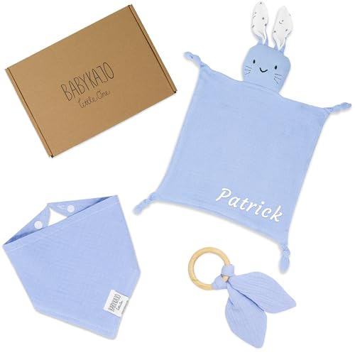 BABYKAJO Baby Geschenk personalisiert 3 Teilig – Schnuffeltuch mit Namen+ Beißring + Halstuch- Süßes Geschenke zur Geburt für Jungen und Mädchen!