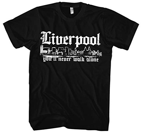 Liverpool Skyline Männer und Herren T-Shirt | Stadt Sport Fussball Trikot Ultras | M1 (4XL, Schwarz)