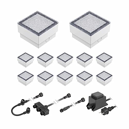 ledscom.de LED Pflaster-Stein Gorgon Boden-Einbauleuchte für außen, 10x10cm, 12V, kalt-weiß 12er Set