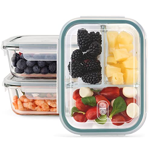 Classbach Meal Prep Boxen Glas mit 3 Fächern | Glasbehälter mit Deckel geeignet für Spülmaschine, Mikrowelle & Ofen | Frischhaltedosen für gesunde Ernährung | 3x 1000ml | C-FHDM 4021 G