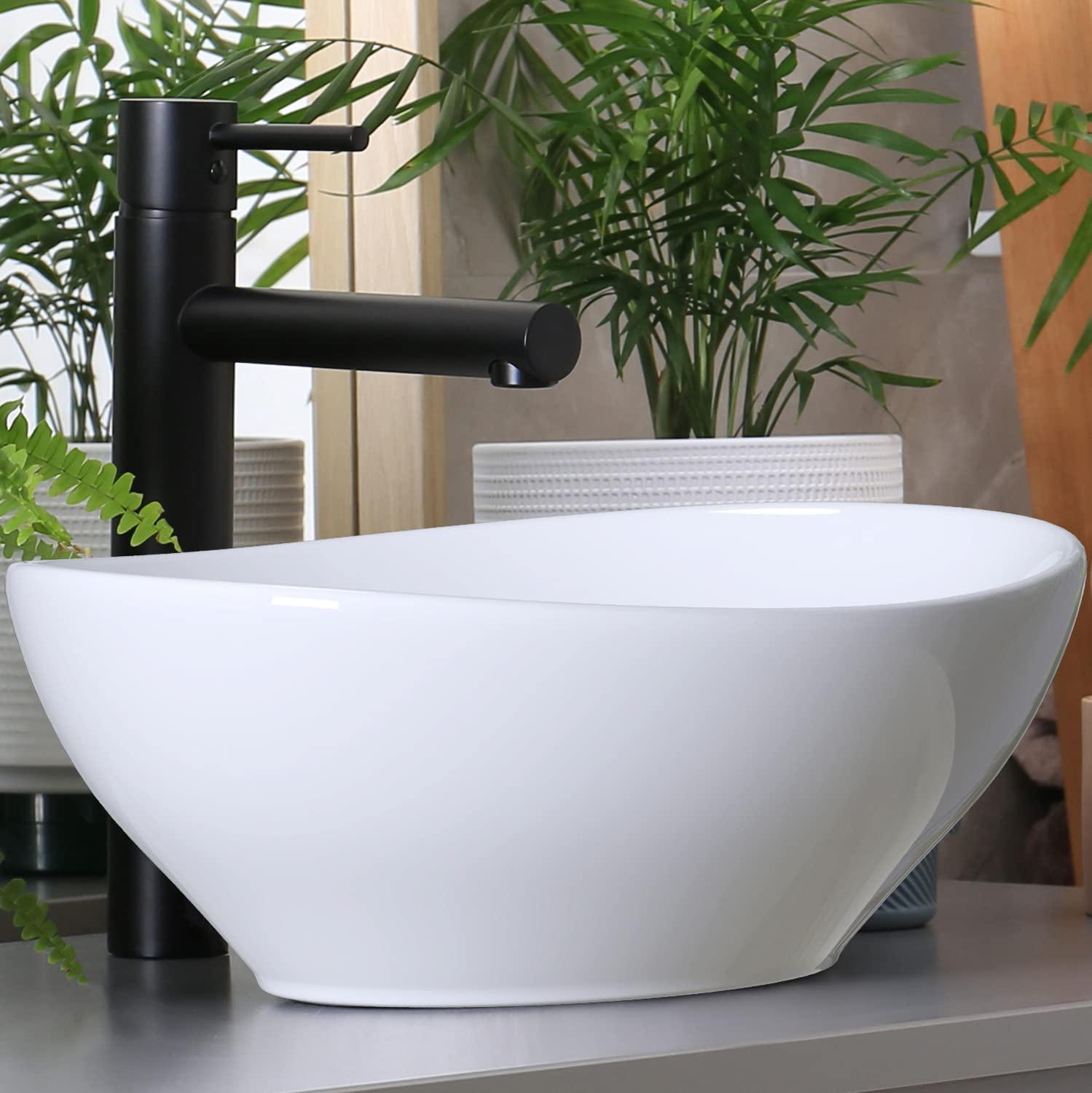 Waschbecken24 | Aufsatzwaschbecken | Ovales Waschbecken ohne Hahnloch | Premium-Qualität | Einfache Installation | Modernes Design (41x33x14cm, Weiß / A99)