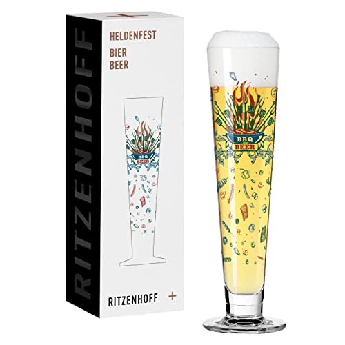 Ritzenhoff 1011014 Bier-Glas 330 ml – Serie Heldenfest, Motiv Nr. 14 – BBQ and beer – rund, mehrfarbig – Made in Germany
