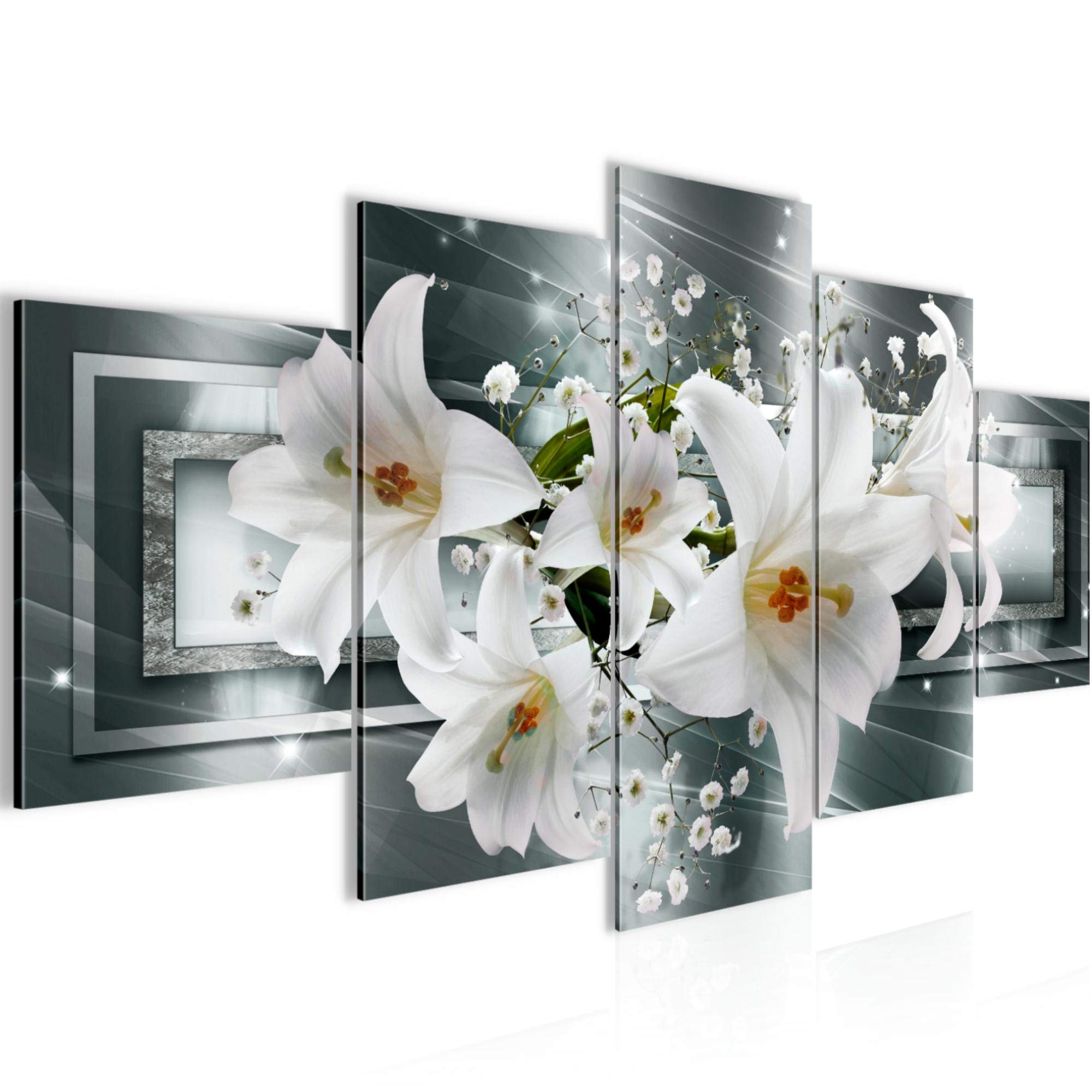 Runa Art - Bilder Blumen Lilien 200 x 100 cm 5 Teilig XXL Wanddekoration Design Grau Grün 204751a