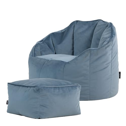 Icon Sirena Sitzsack Sessel mit Hocker, Hellblau, Samt, Riesen Sitzsack mit Sitzpuff, Sitzsack für Erwachsene mit Füllung, Sessel Wohnzimmer, Sessel Schlafzimmer