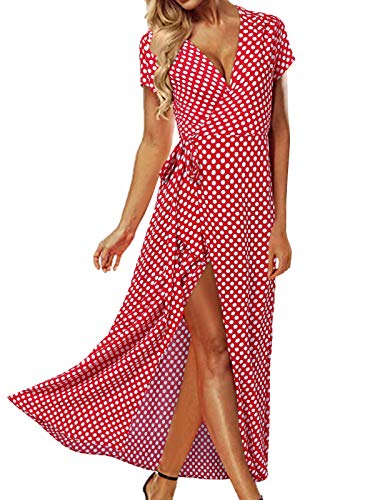 ACHIOOWA Sommerkleid Damen Tief V Ausschnitt Kurzarm Tallierte Maxi Strandkleid Hohe Schlitz mit Gürtel Rot-646313 2XL