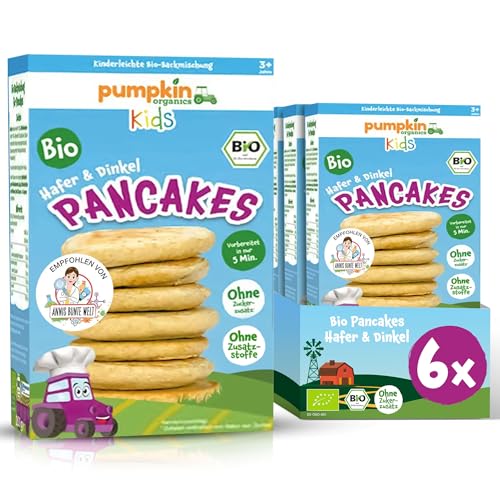 Pumpkin Organics Bio Pancakes Hafer & Dinkel (6er Pack) - Backmischung für Kinder (3+ Jahre) und Erwachsene zur schnellen Zubereitung - Backset ohne Zusatzstoffe für Pancakes, Waffeln und Blinis