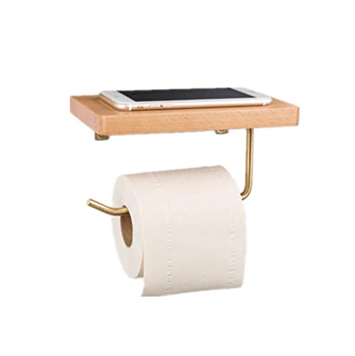 TentHome Messing Toilettenpapierhalter WC-Papierhalter Toilettenpapierhalterung mit Ablage Handy Rollenhalter Holz Wand Klopapierhalter Ohne Bohren, Buchenholz