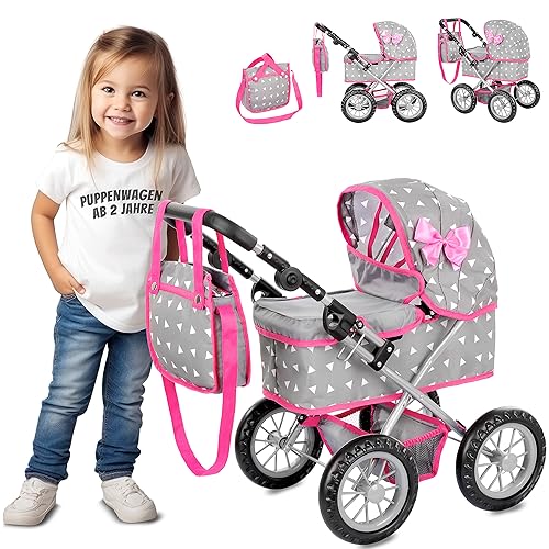 Kinderplay Puppenwagen ab 2 Jahre, Kinderwagen Puppen - Leichte und Stabile Konstruktion, Kinderpuppenwagen ab 3 Jahre, Höhenverstellbar von 33 bis 63 cm, Spielzeug Draussen, KP0261S